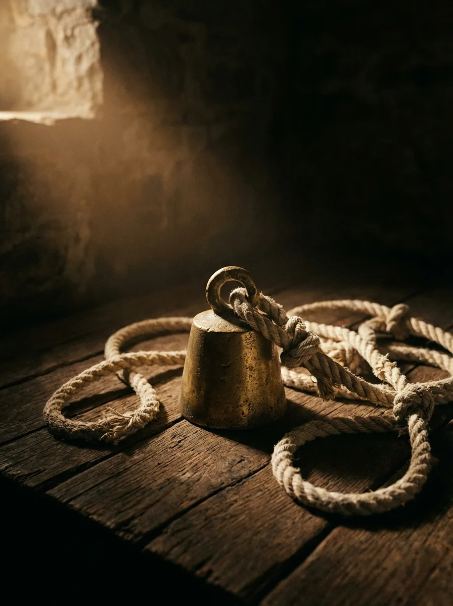 A brass sounding weight and coiled hemp rope on aged oak planks