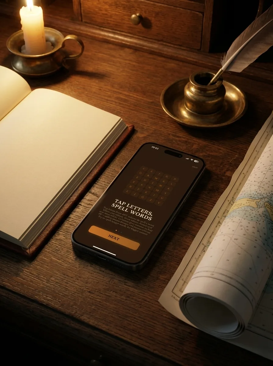 Victorian navigator's study: iPhone on oak desk beside open leather book, quill and brass inkwell