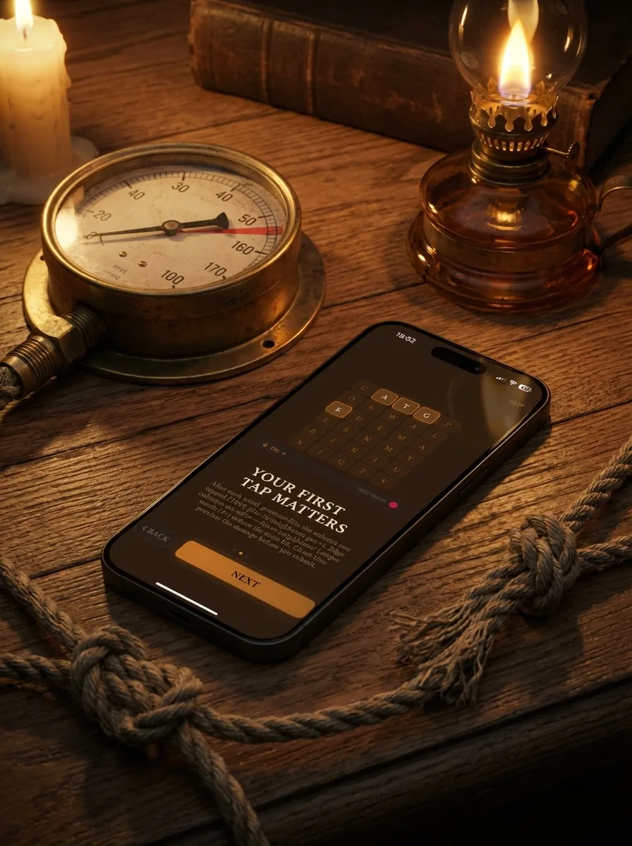 Victorian navigator's study: iPhone beside brass pressure gauge with needle near red, amber oil lamp and warning-knotted rope